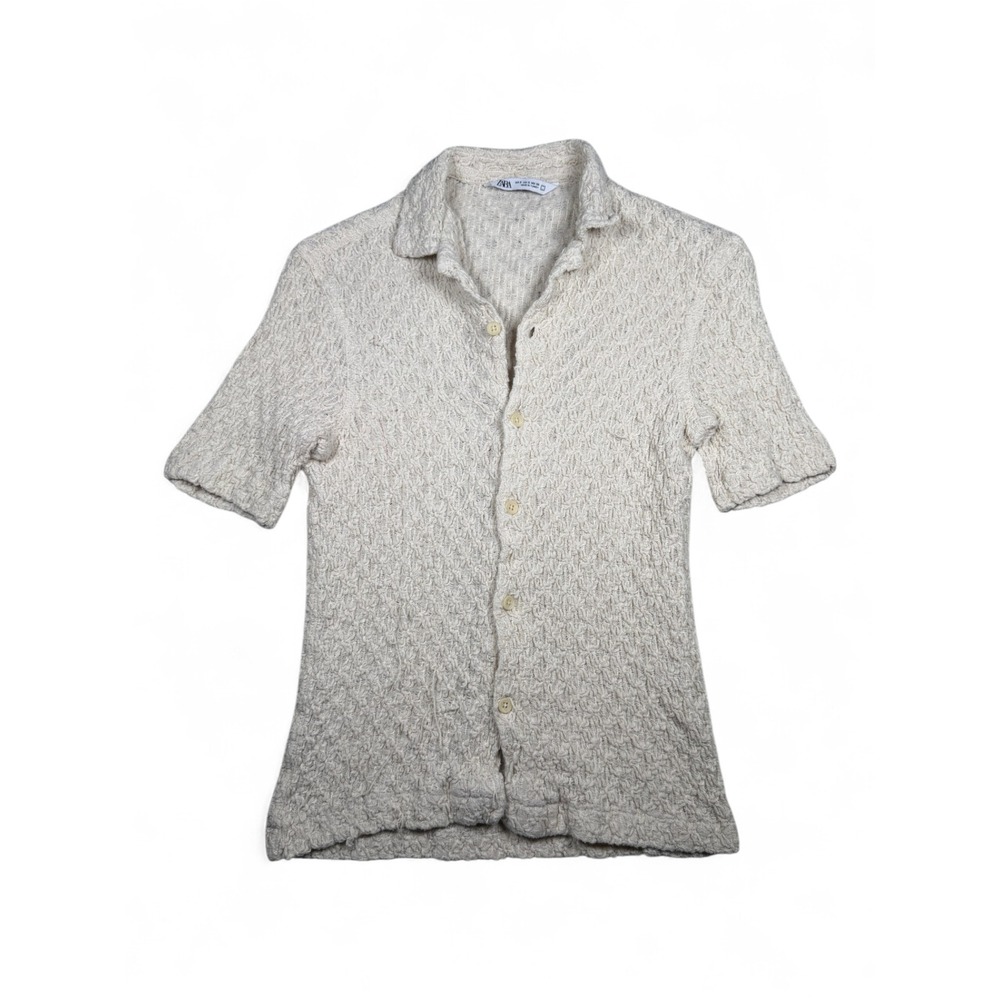 Zara Mens Cream Popcorn Textured Knit Short Sleeve Button Up Camp Collar Shirt S